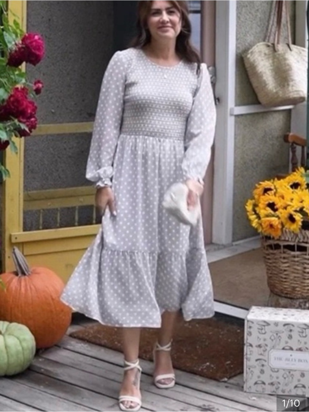 Jilly Box Light Gray Polka Dot Long Sleeve Midi Dress